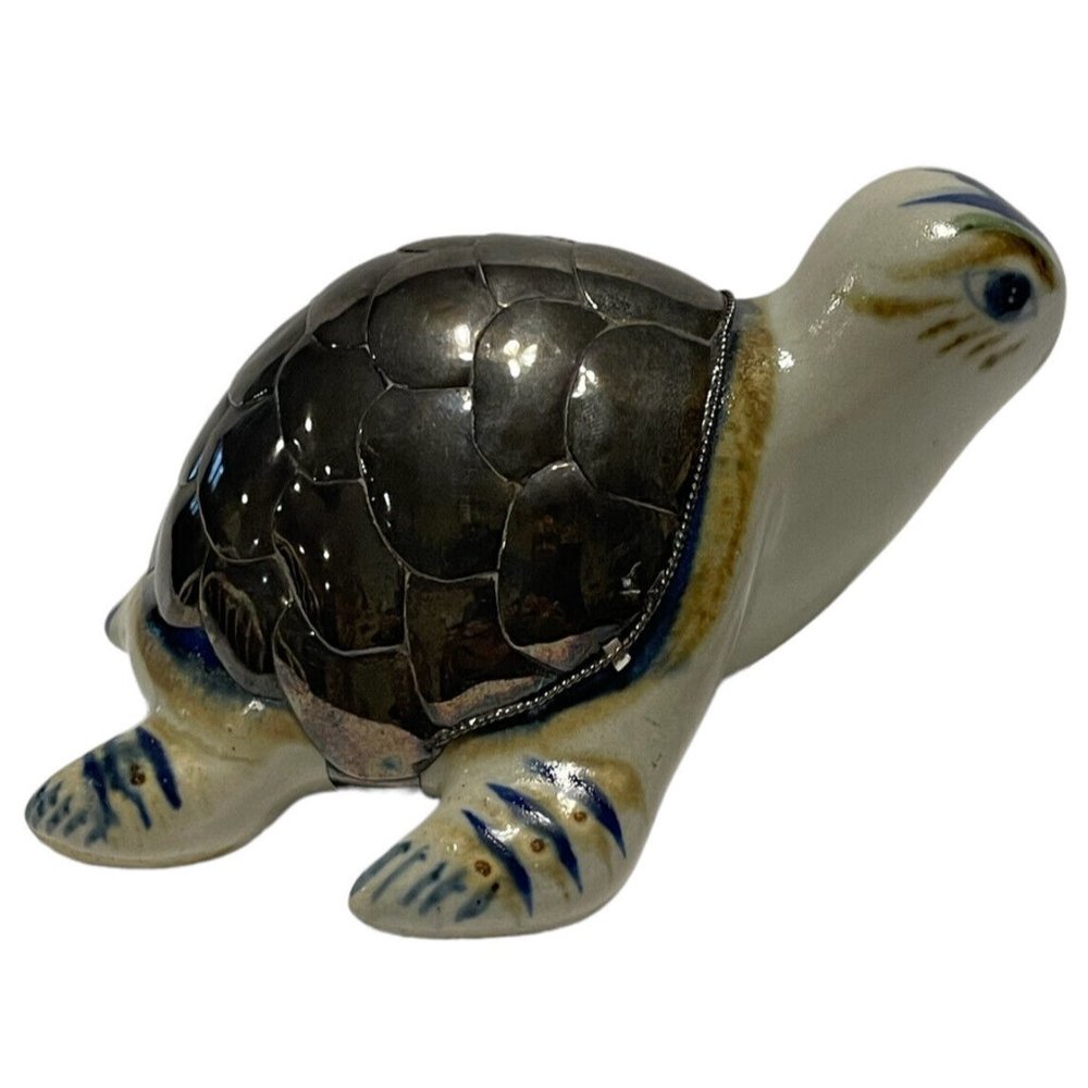 Vintage Mexican Tonala Pottery Ceramic turtle Metal Silver Tone Plated Shell